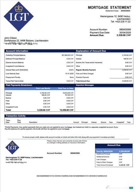 Download Liechtenstein LGT Bank mortgage statement Word and PDF template Photoshop template